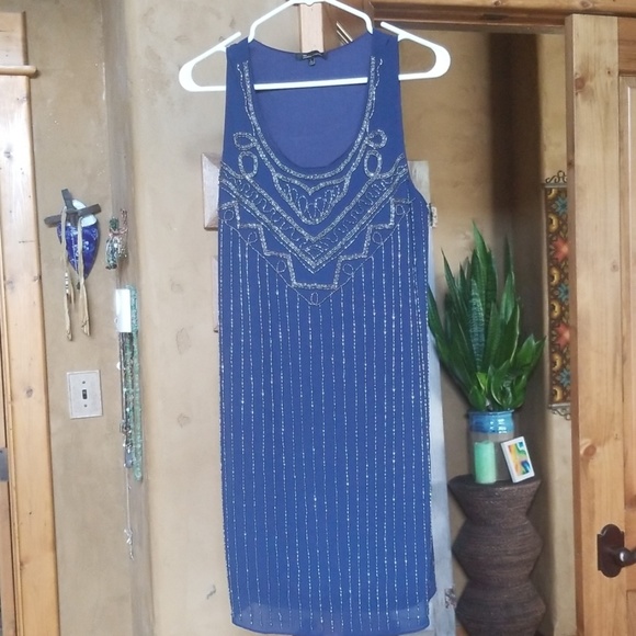 Blue dress with silver beads L - Picture 1 of 6